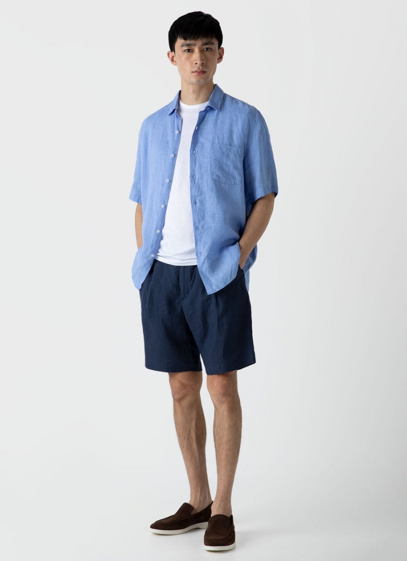 Blue Sunspel Short Sleeve Linen Shirt | 79583-QCYI | USA