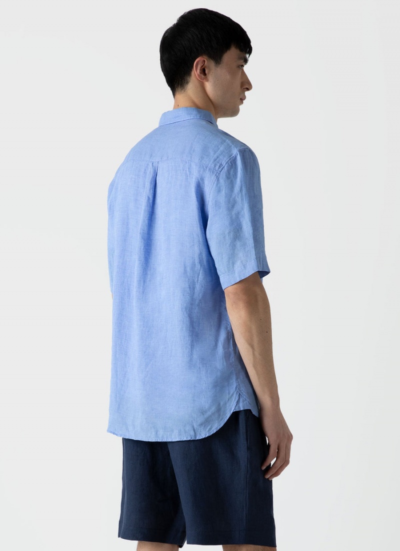 Blue Sunspel Short Sleeve Linen Shirt | 79583-QCYI | USA