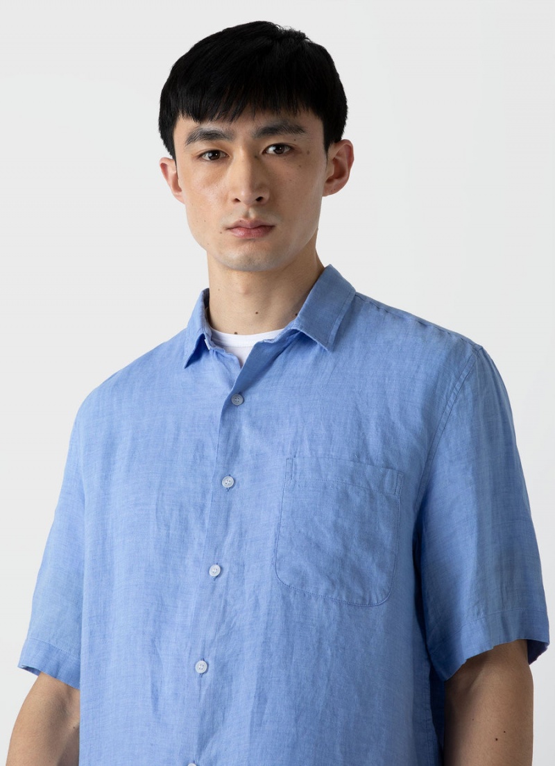 Blue Sunspel Short Sleeve Linen Shirt | 79583-QCYI | USA