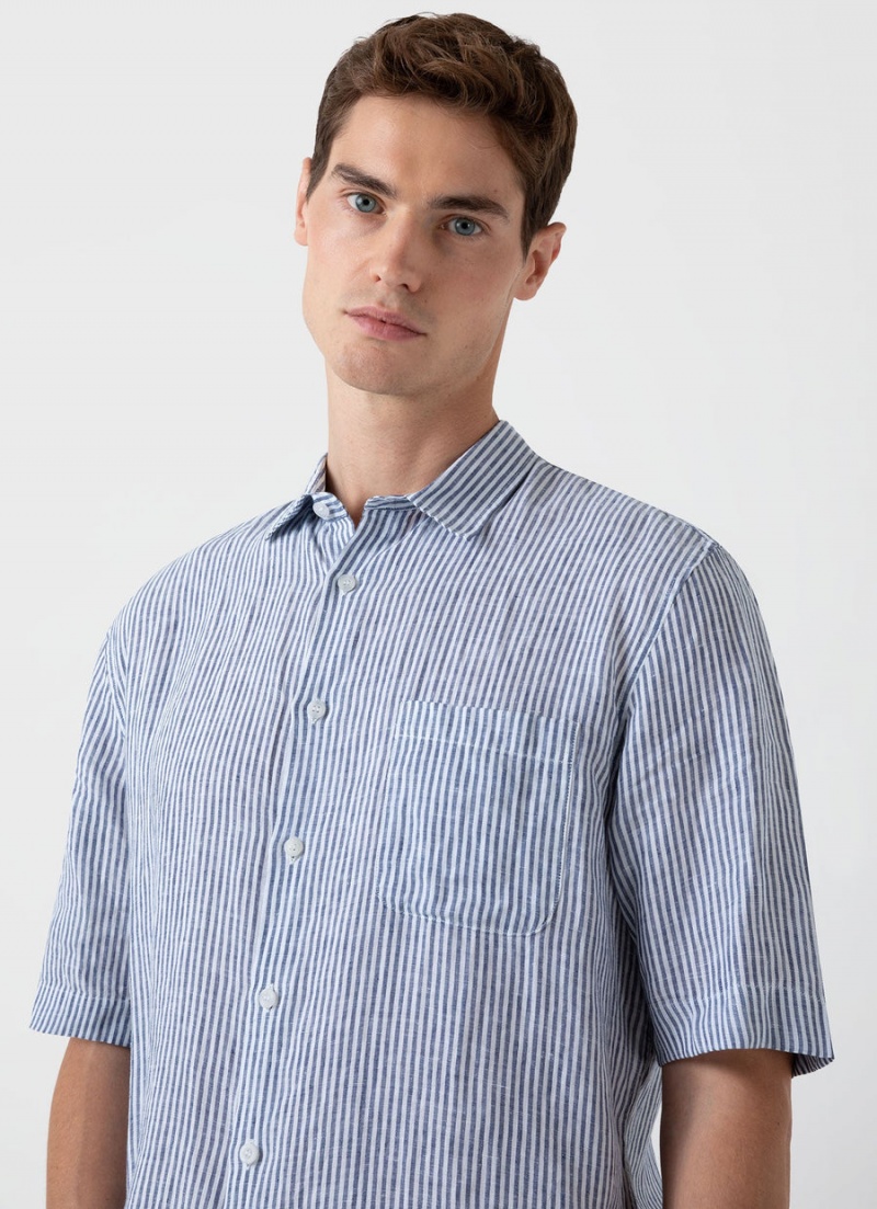 Blue Sunspel Short Sleeve Linen Shirt | 84906-EPHQ | USA