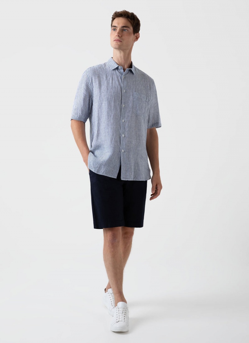 Blue Sunspel Short Sleeve Linen Shirt | 84906-EPHQ | USA