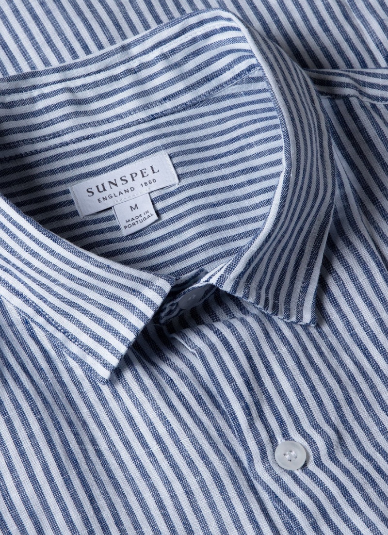 Blue Sunspel Short Sleeve Linen Shirt | 84906-EPHQ | USA