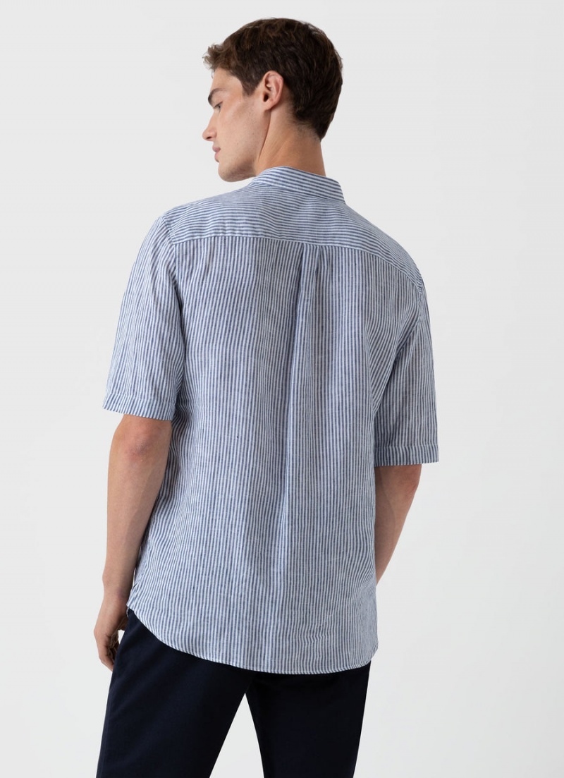 Blue Sunspel Short Sleeve Linen Shirt | 84906-EPHQ | USA