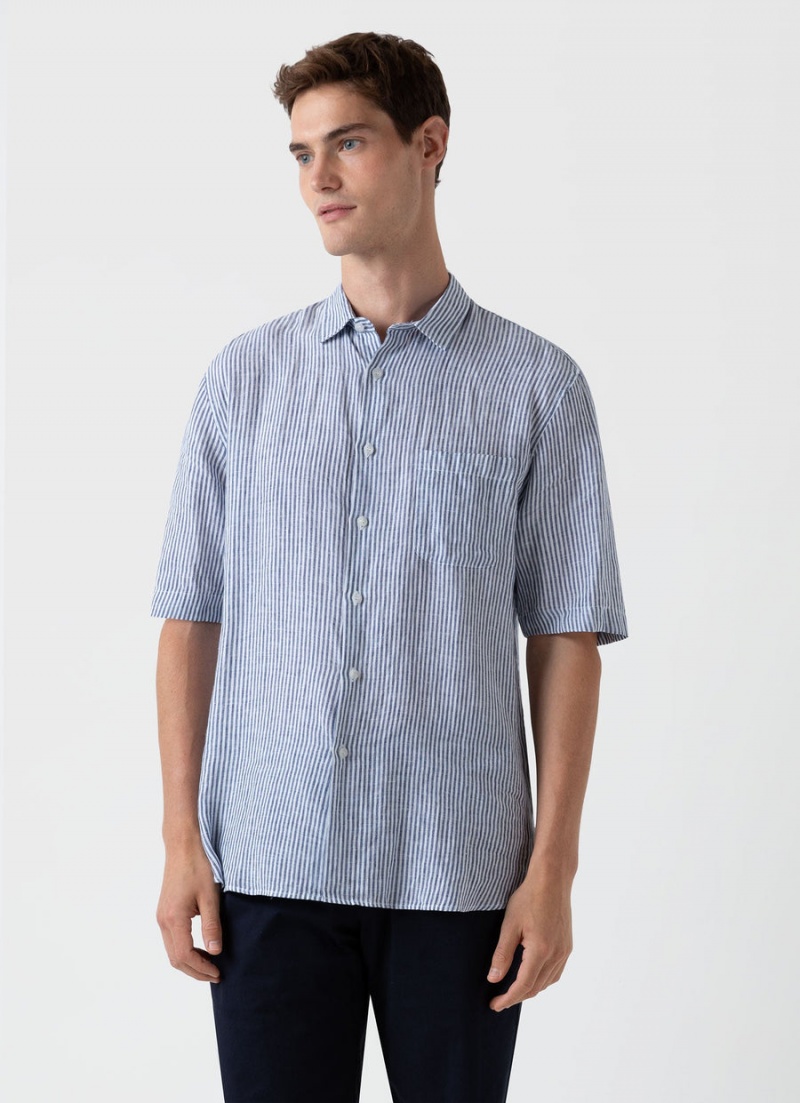 Blue Sunspel Short Sleeve Linen Shirt | 84906-EPHQ | USA