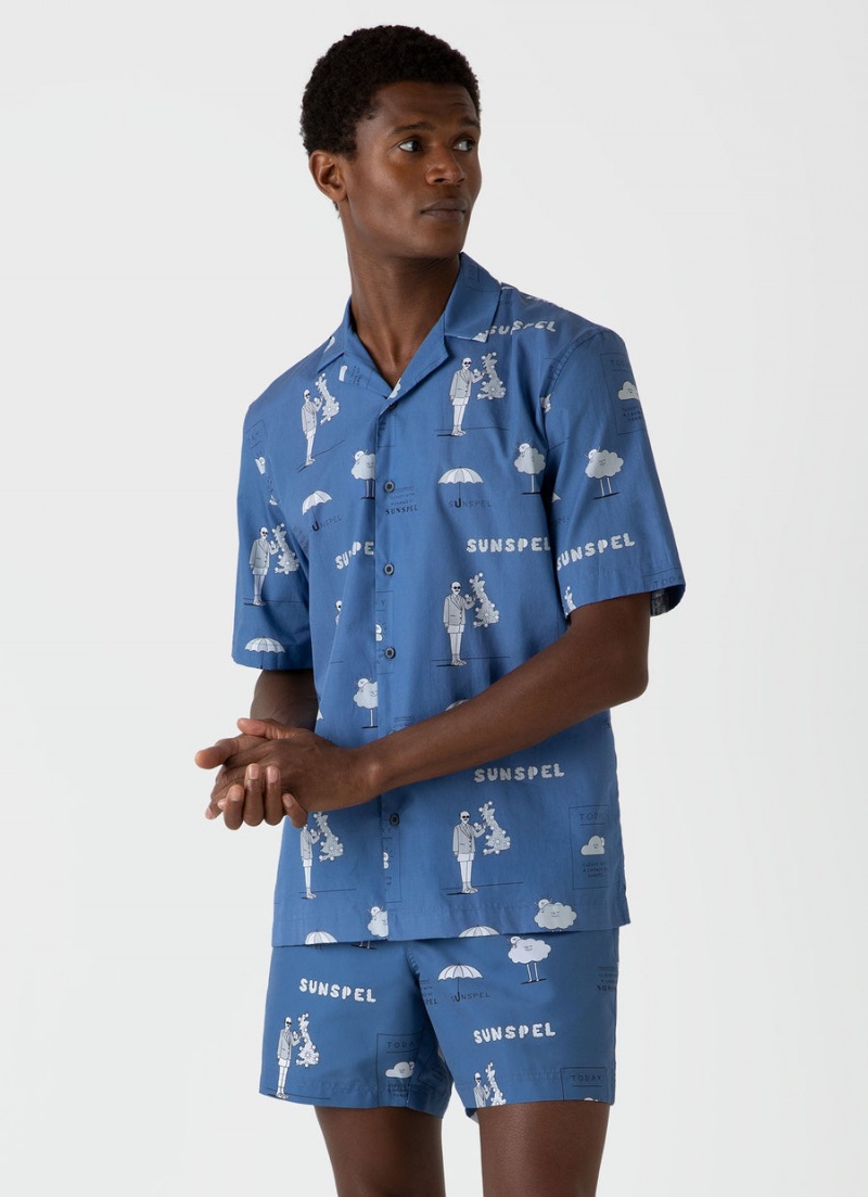 Blue Sunspel Sunspel x Matt Blease Camp Collar Shirt | 70695-DGLT | USA