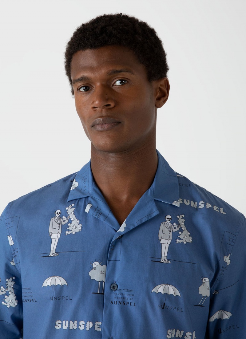 Blue Sunspel Sunspel x Matt Blease Camp Collar Shirt | 70695-DGLT | USA