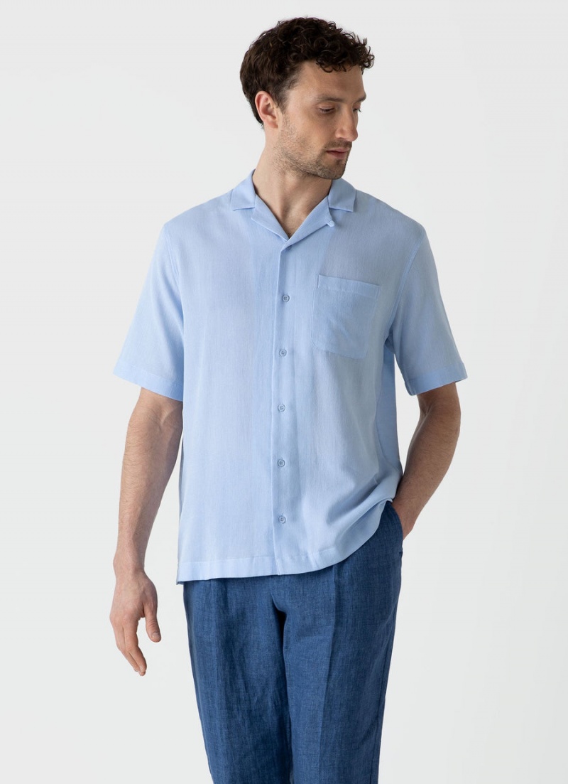 Blue Sunspel Waffle Camp Collar Shirt | 97450-DBTN | USA