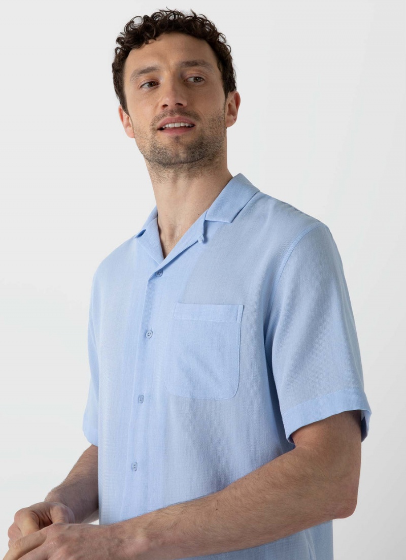 Blue Sunspel Waffle Camp Collar Shirt | 97450-DBTN | USA