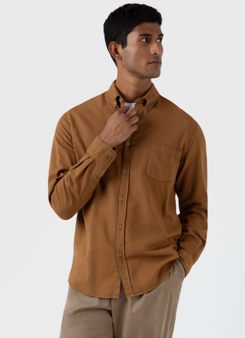 Brown Sunspel Brushed Cotton Flannel Shirt | 18943-UMRK | USA