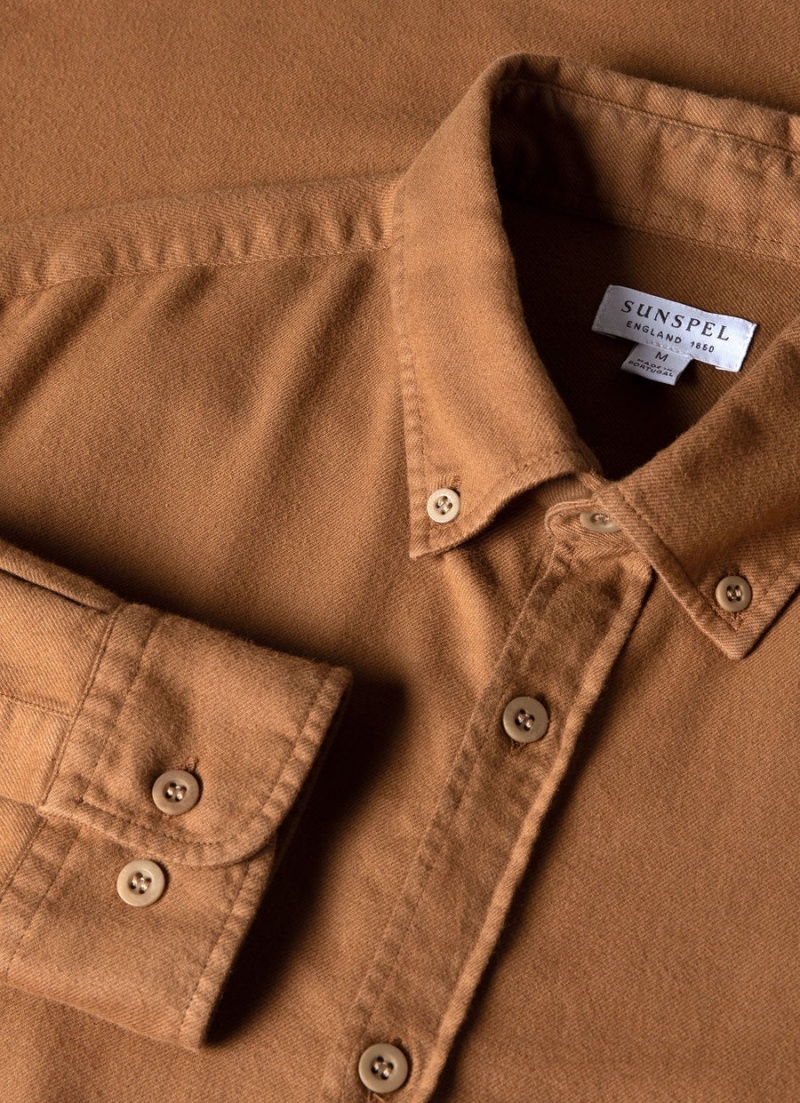 Brown Sunspel Brushed Cotton Flannel Shirt | 18943-UMRK | USA