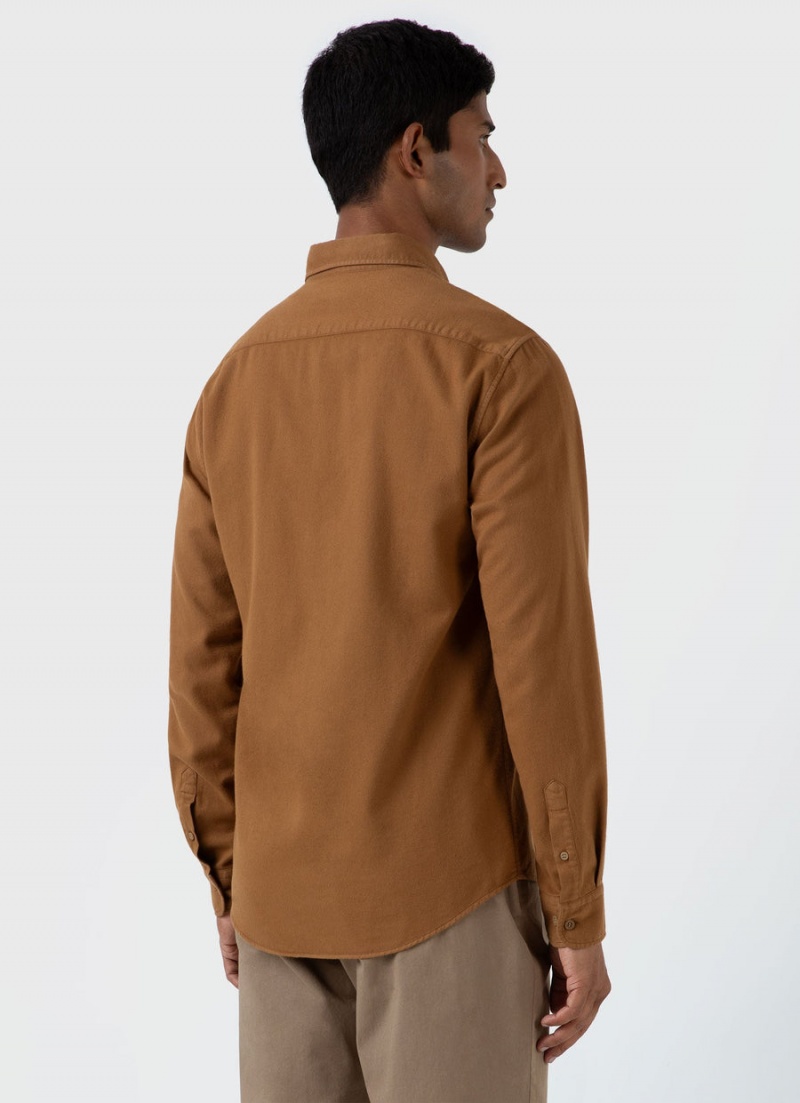 Brown Sunspel Brushed Cotton Flannel Shirt | 18943-UMRK | USA