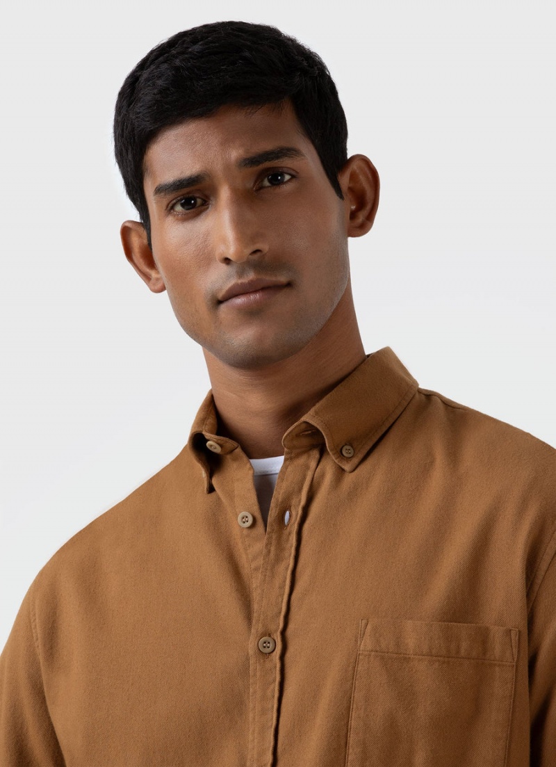 Brown Sunspel Brushed Cotton Flannel Shirt | 18943-UMRK | USA