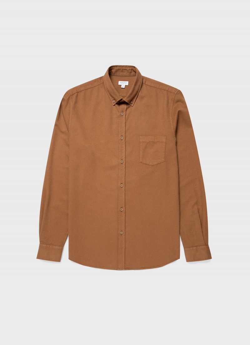 Brown Sunspel Brushed Cotton Flannel Shirt | 18943-UMRK | USA