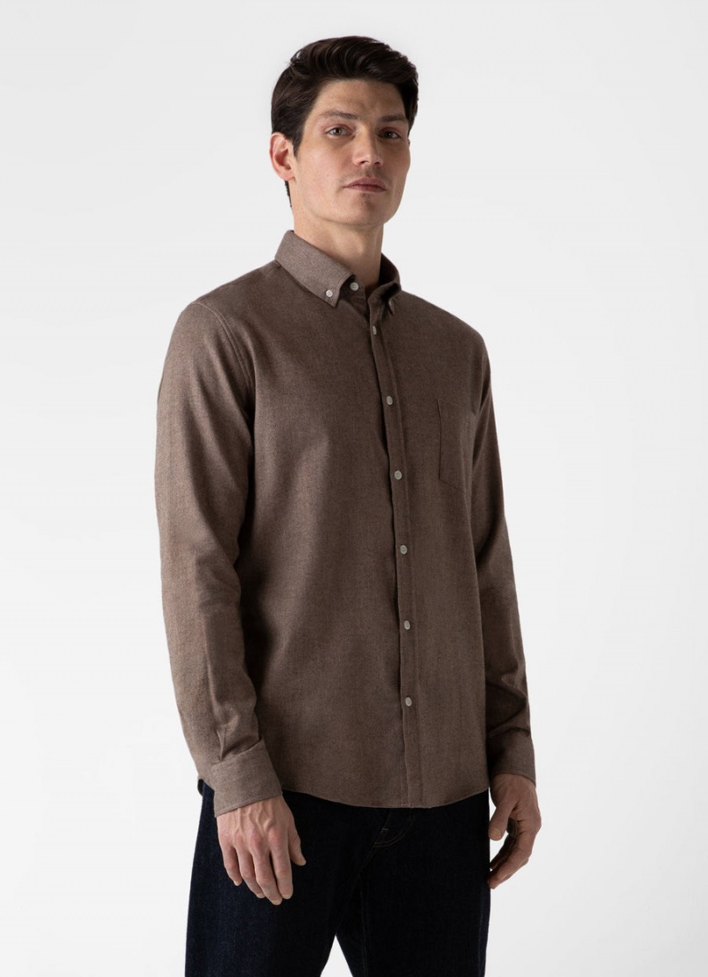 Brown Sunspel Button Down Flannel Shirt | 74359-DFTH | USA