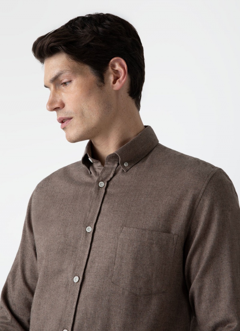 Brown Sunspel Button Down Flannel Shirt | 74359-DFTH | USA