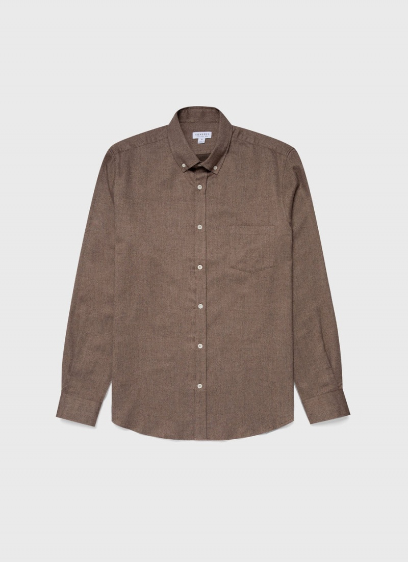 Brown Sunspel Button Down Flannel Shirt | 74359-DFTH | USA