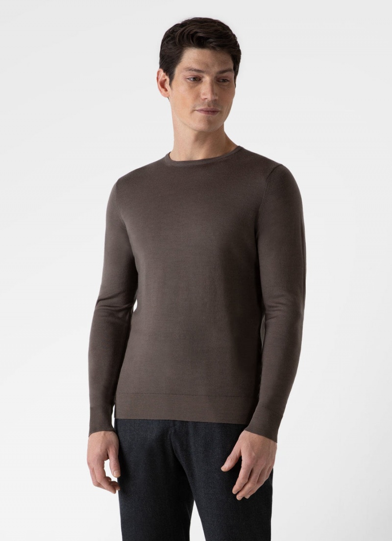 Brown Sunspel Extra‑Fine Merino Crew Neck | 63514-HXUJ | USA