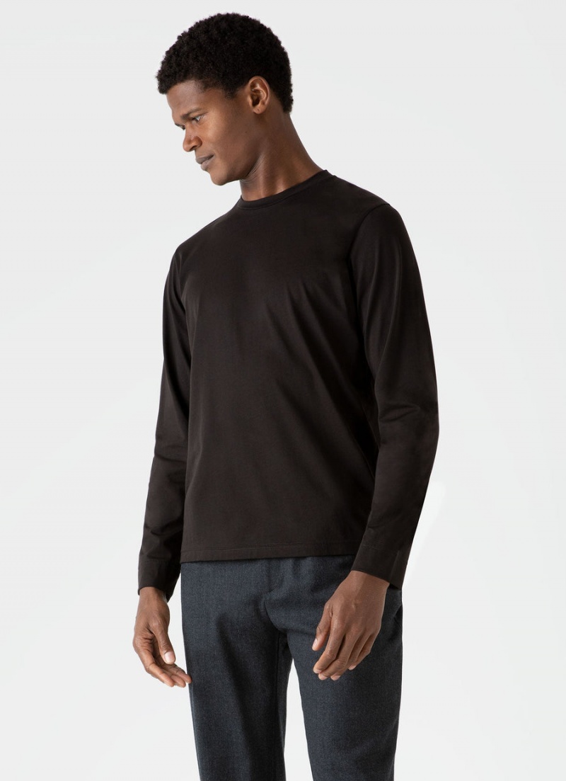 Brown Sunspel Long Sleeve Riviera Midweight T-shirt | 40817-YICG | USA