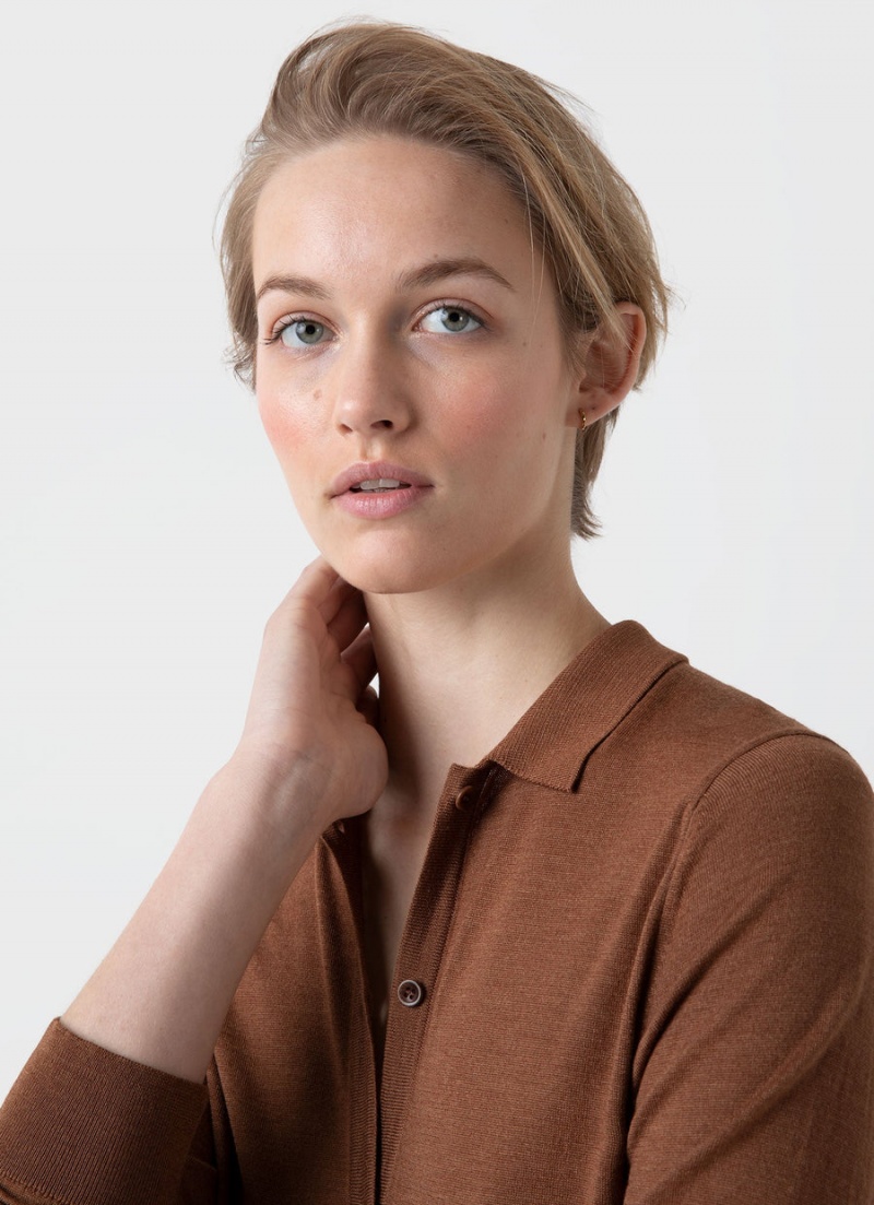 Brown Sunspel Merino Silk Collar Cardigan | 01345-WOYM | USA