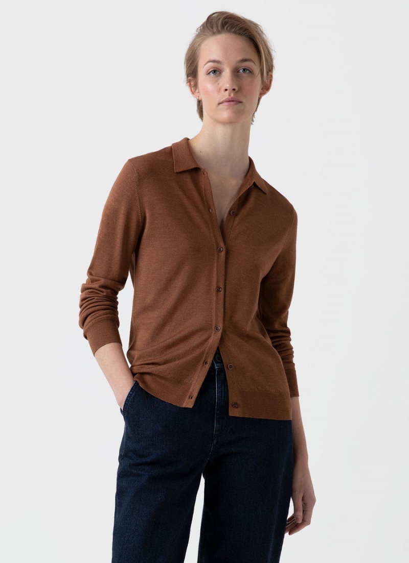 Brown Sunspel Merino Silk Collar Cardigan | 01345-WOYM | USA