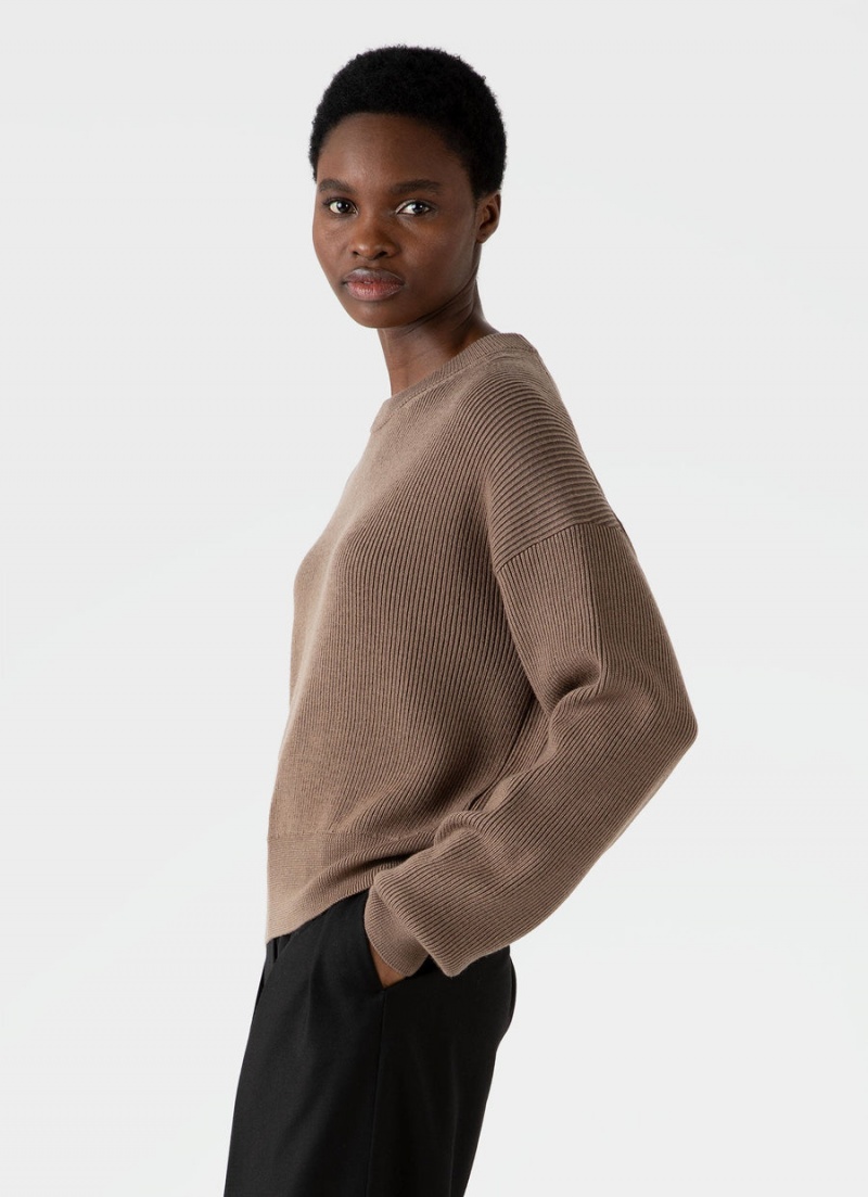 Brown Sunspel Ribbed Crew Neck Jumper | 84016-RBNY | USA