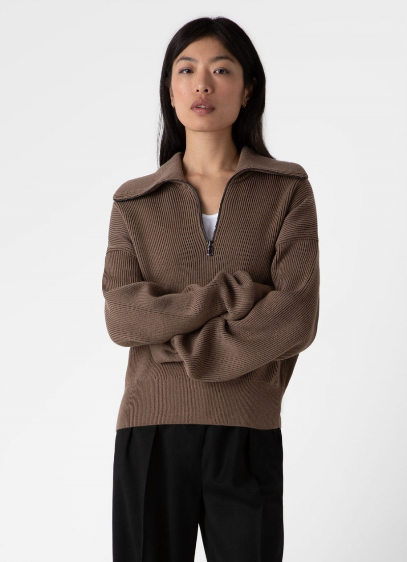 Brown Sunspel Ribbed Half Zip Jumper | 24367-GVZJ | USA