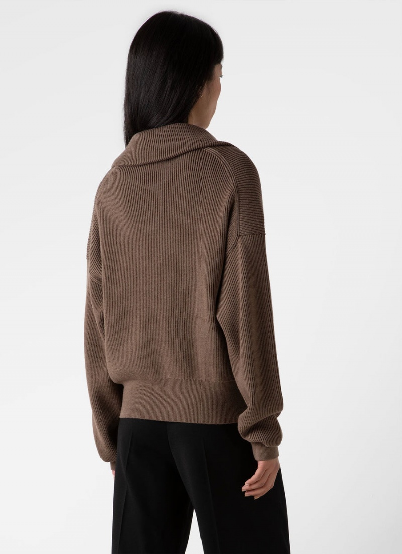 Brown Sunspel Ribbed Half Zip Jumper | 24367-GVZJ | USA