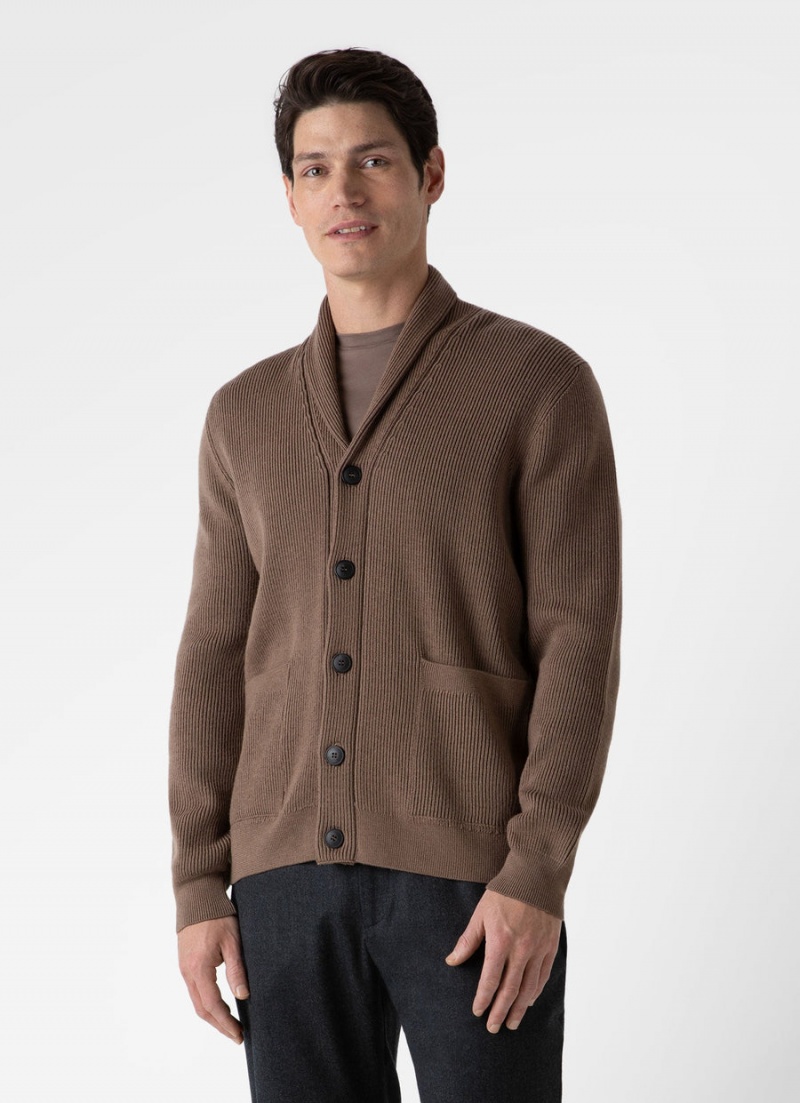 Brown Sunspel Ribbed Shawl Neck Cardigan | 45290-JHVG | USA