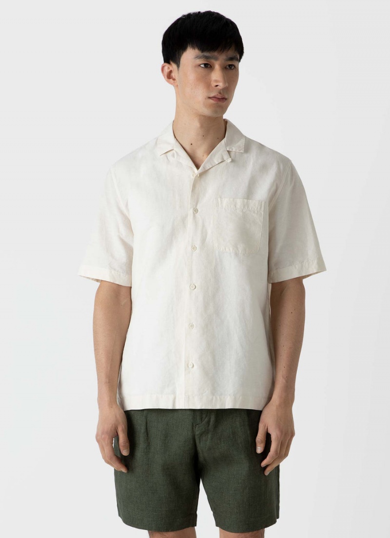 Ecru Sunspel Cotton Linen Camp Collar Shirt | 79032-WTLG | USA