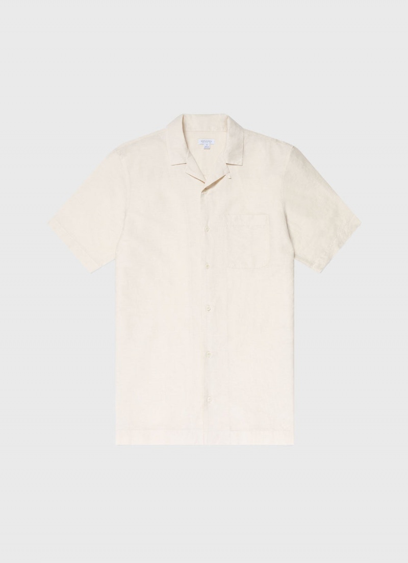 Ecru Sunspel Cotton Linen Camp Collar Shirt | 79032-WTLG | USA