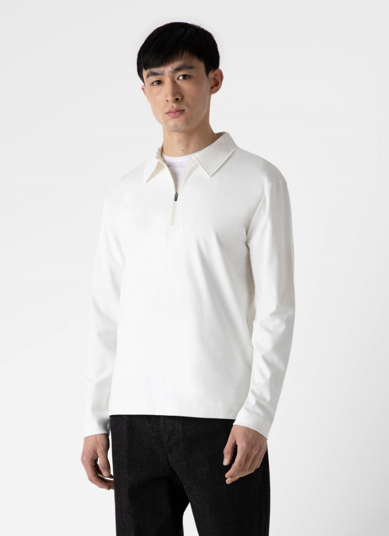 Ecru Sunspel Half Zip Heavyweight Polo Shirt | 95248-DKYU | USA