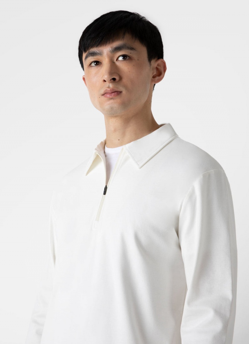 Ecru Sunspel Half Zip Heavyweight Polo Shirt | 95248-DKYU | USA