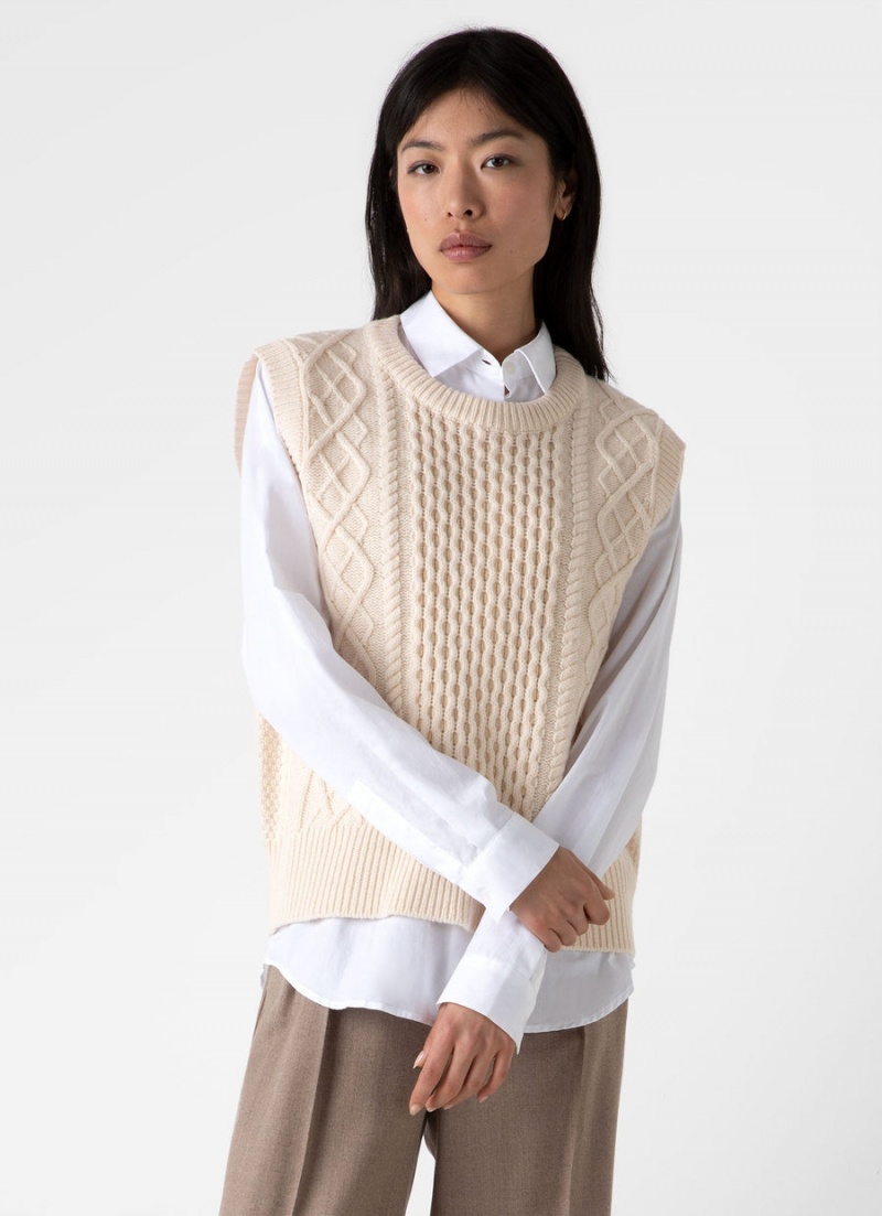 Ecru Sunspel Lambswool Cable Knit Vest | 28091-OJSV | USA