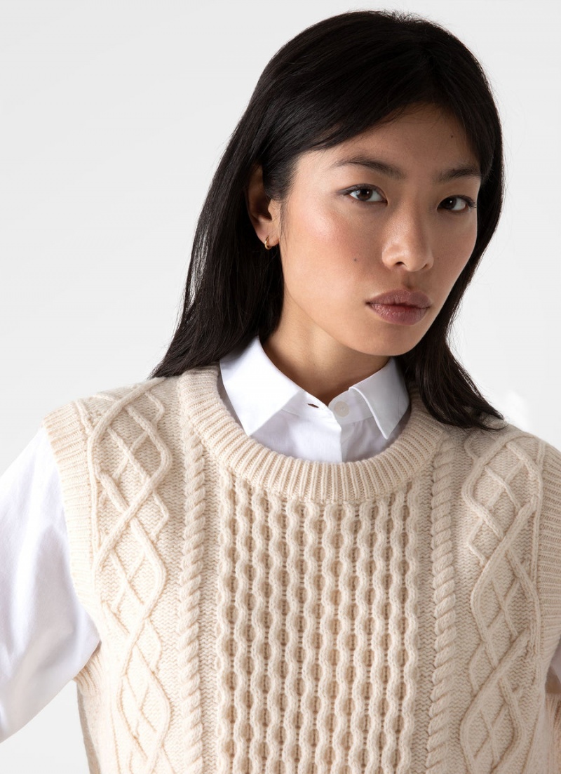 Ecru Sunspel Lambswool Cable Knit Vest | 28091-OJSV | USA