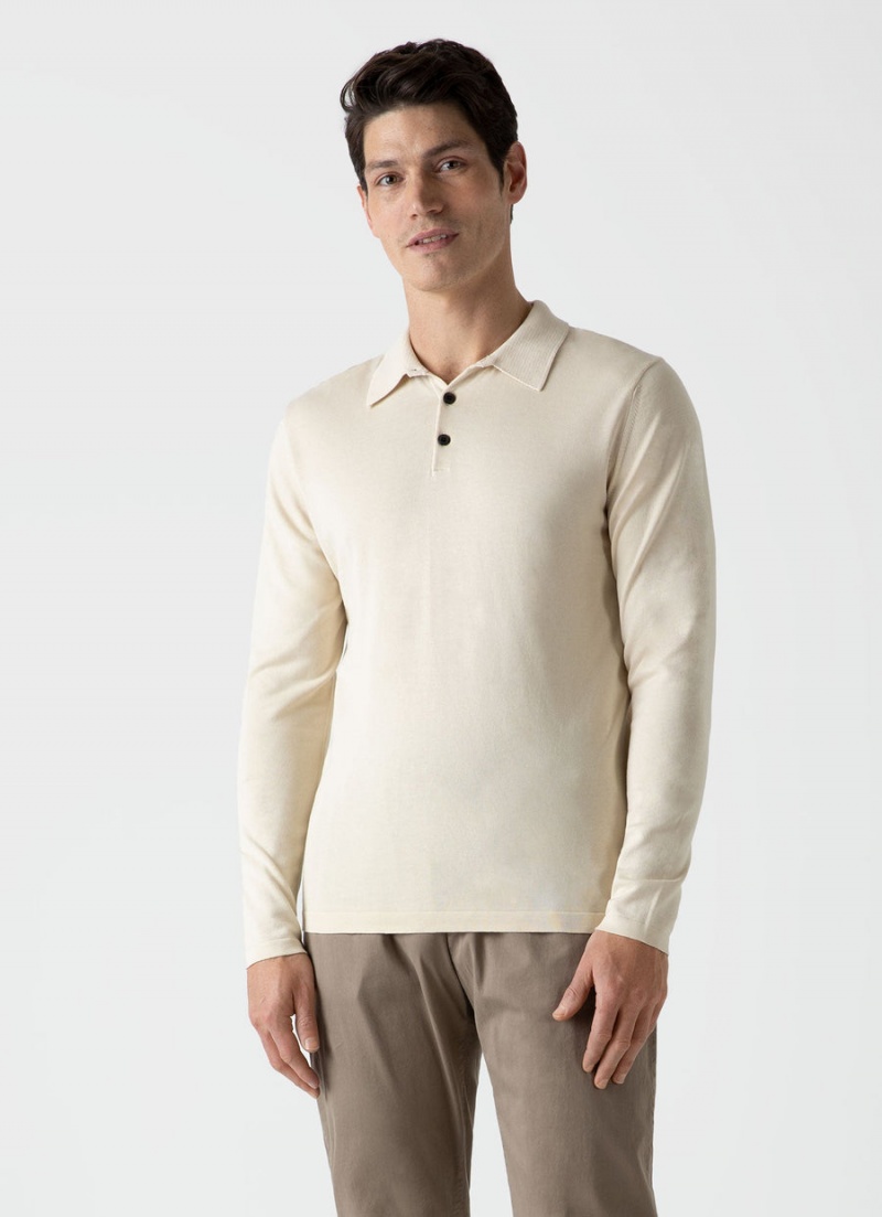 Ecru Sunspel Long Sleeve Sea Island Cotton Polo Shirt | 80976-SYUK | USA