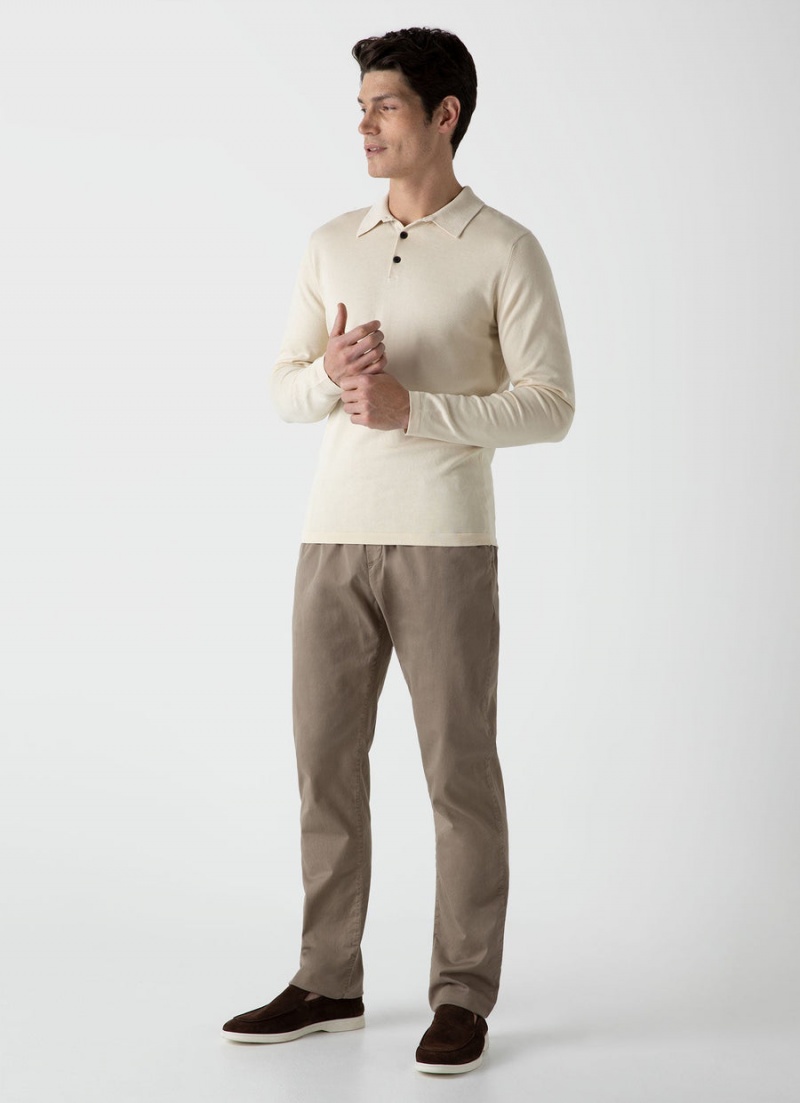 Ecru Sunspel Long Sleeve Sea Island Cotton Polo Shirt | 80976-SYUK | USA