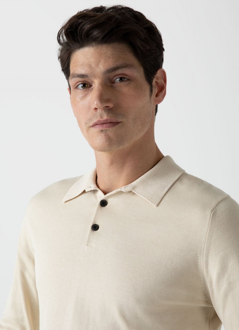 Ecru Sunspel Long Sleeve Sea Island Cotton Polo Shirt | 80976-SYUK | USA