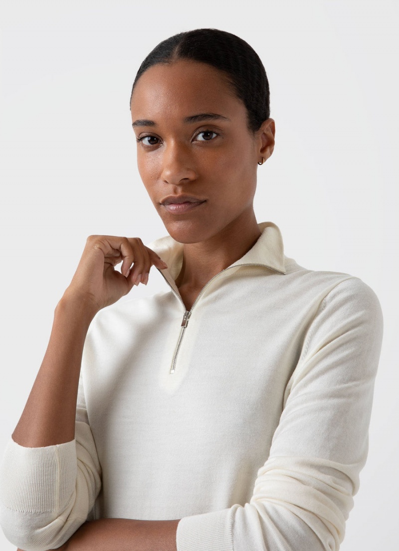 Ecru Sunspel Merino Silk Zip Neck Jumper | 39160-IBUO | USA