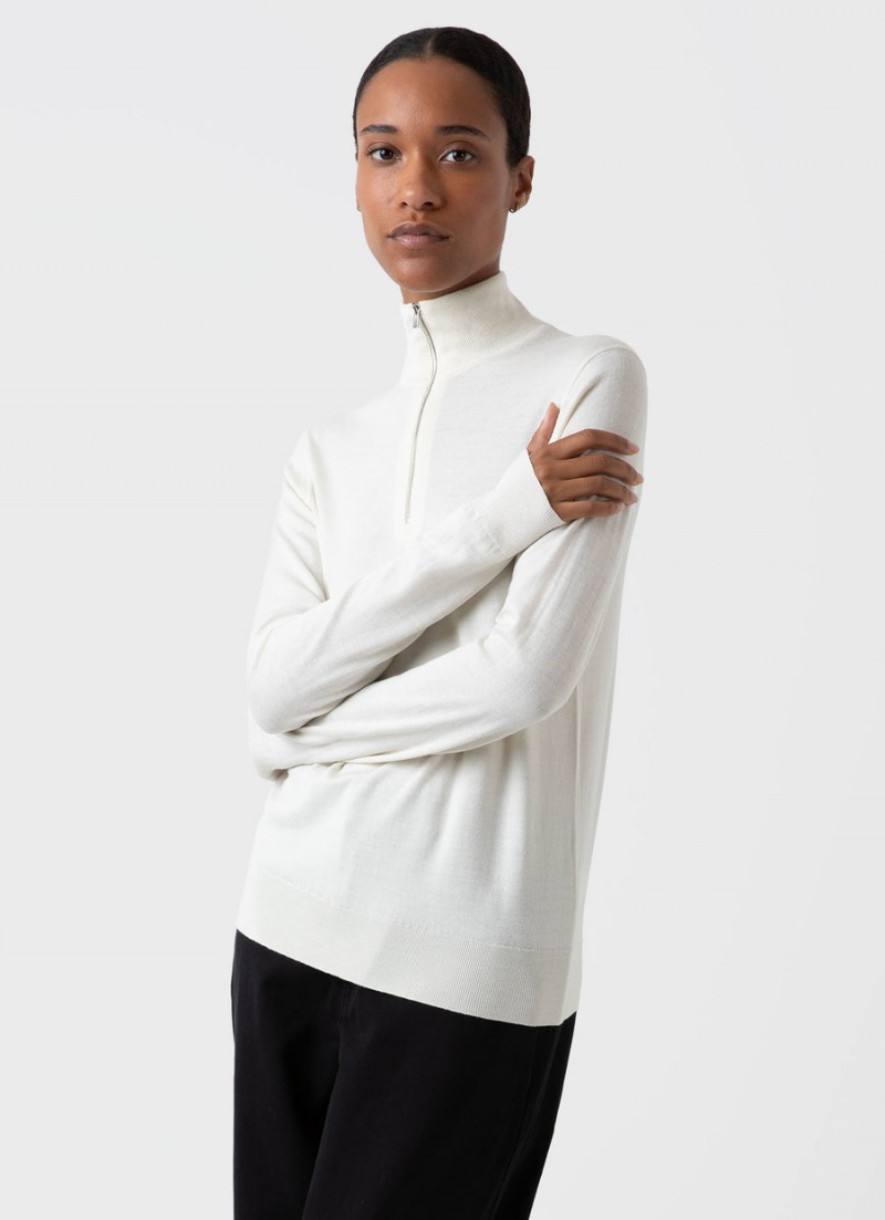 Ecru Sunspel Merino Silk Zip Neck Jumper | 39160-IBUO | USA