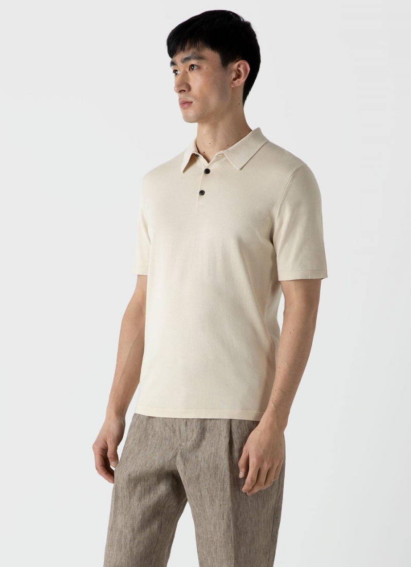 Ecru Sunspel Sea Island Cotton Polo Shirt | 32765-OMAJ | USA