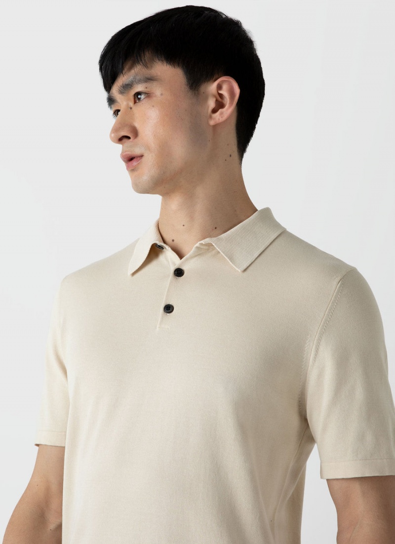 Ecru Sunspel Sea Island Cotton Polo Shirt | 32765-OMAJ | USA