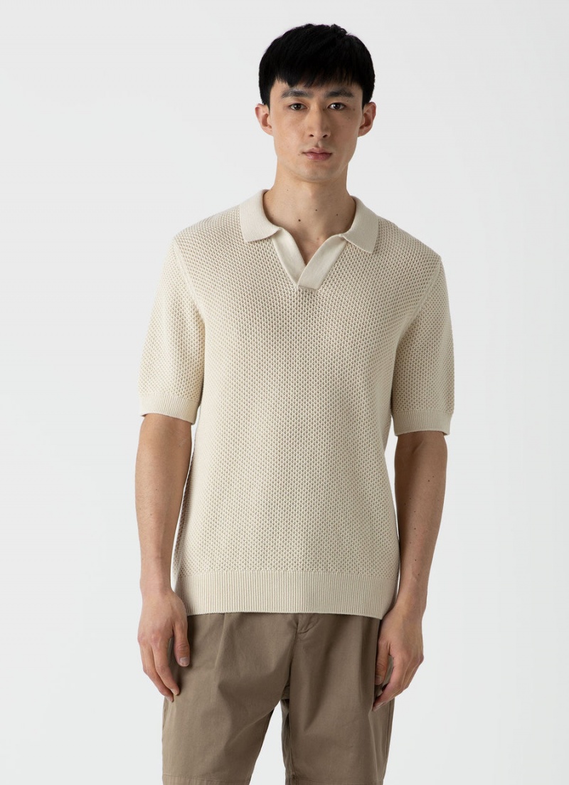 Ecru Sunspel Sunspel x MR PORTER Mesh Knit Polo | 95470-YZON | USA