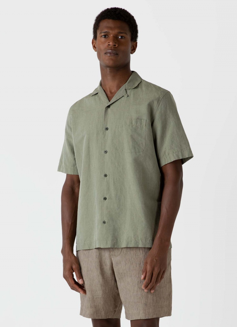 Green Sunspel Cotton Linen Camp Collar Shirt | 76892-XCQG | USA