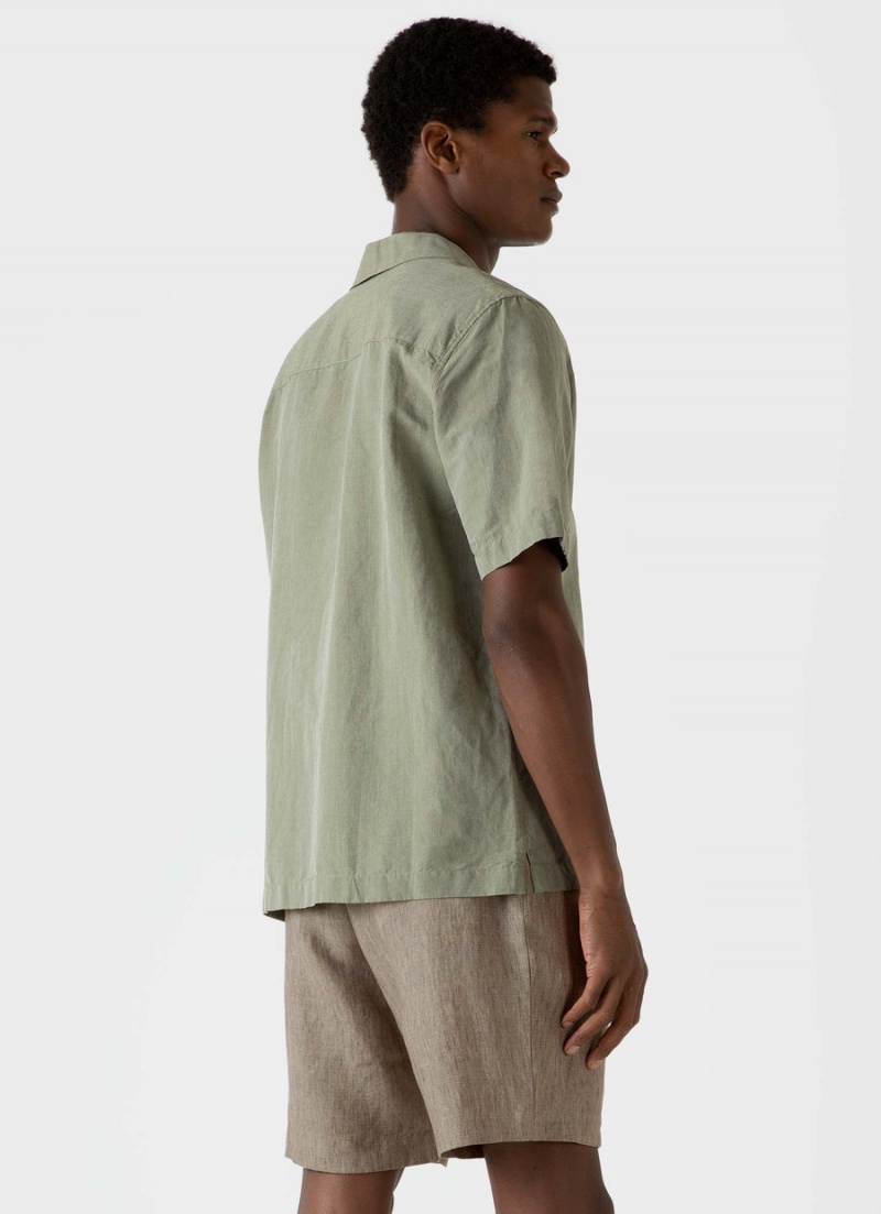 Green Sunspel Cotton Linen Camp Collar Shirt | 76892-XCQG | USA