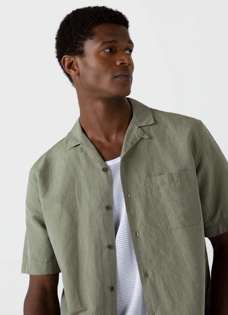 Green Sunspel Cotton Linen Camp Collar Shirt | 76892-XCQG | USA