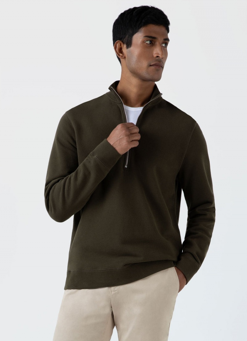 Green Sunspel Half Zip Loopback Sweatshirt | 26745-FHRD | USA