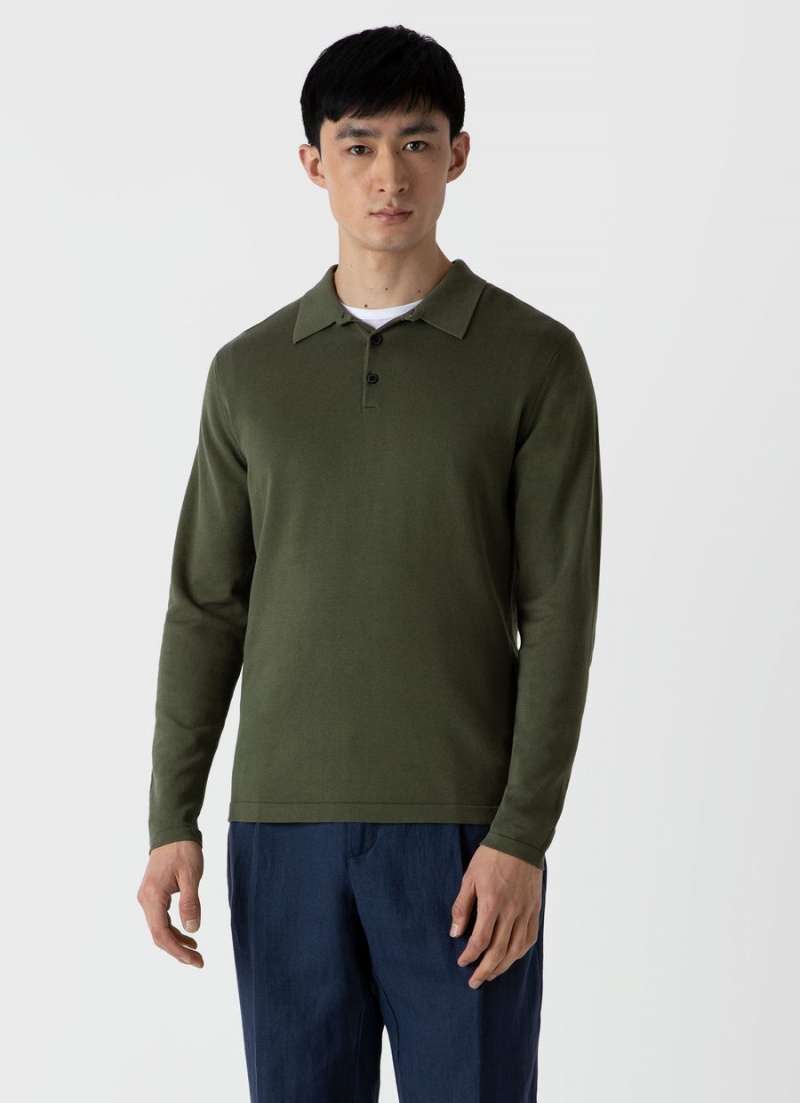 Green Sunspel Long Sleeve Sea Island Cotton Polo Shirt | 89406-ZSMR | USA