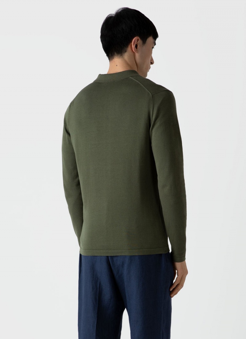 Green Sunspel Long Sleeve Sea Island Cotton Polo Shirt | 89406-ZSMR | USA