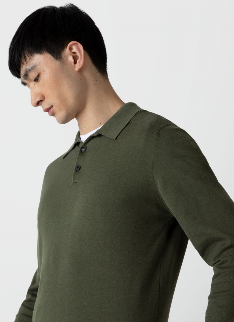 Green Sunspel Long Sleeve Sea Island Cotton Polo Shirt | 89406-ZSMR | USA