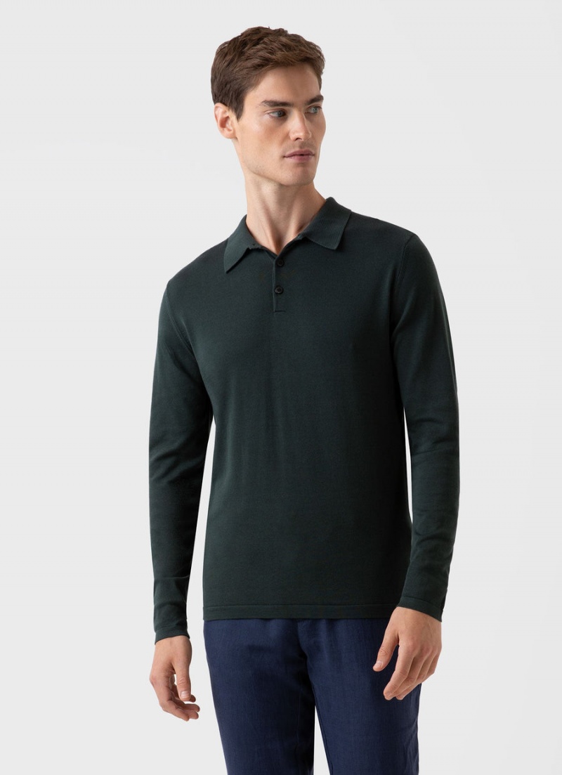 Green Sunspel Long Sleeve Sea Island Cotton Polo Shirt | 05693-LYUZ | USA